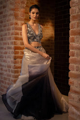 Grey and Black Ombre Lehenga with Designer Wrap Style Neckline Blouse